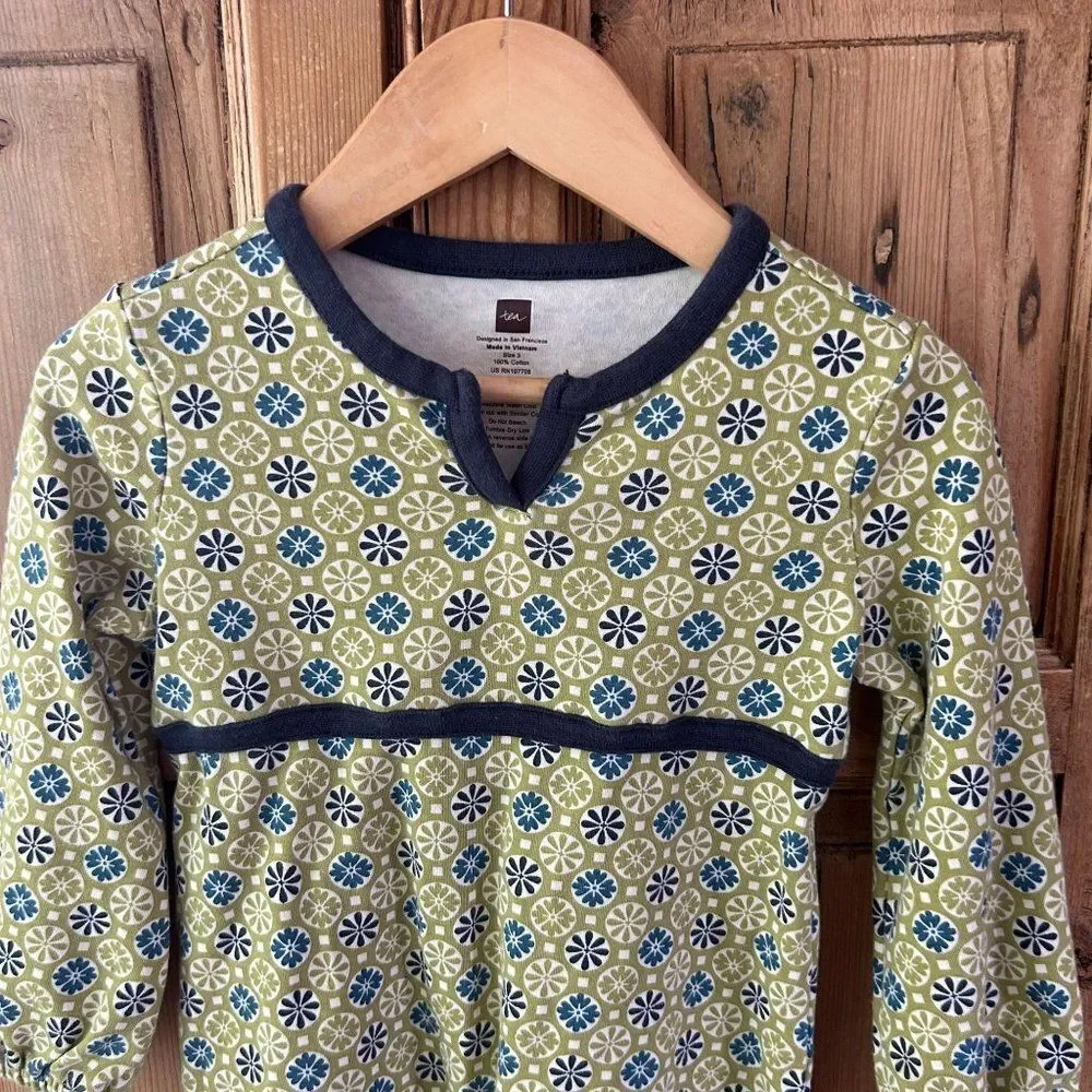 Tea Collection Girls Size 3 Green Blue Circle Floral Print Long‎ Sleeve Dress